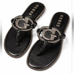 GUESS Black Rhinestone G-Logo Thong Sandals – Glam Slide – Size 8